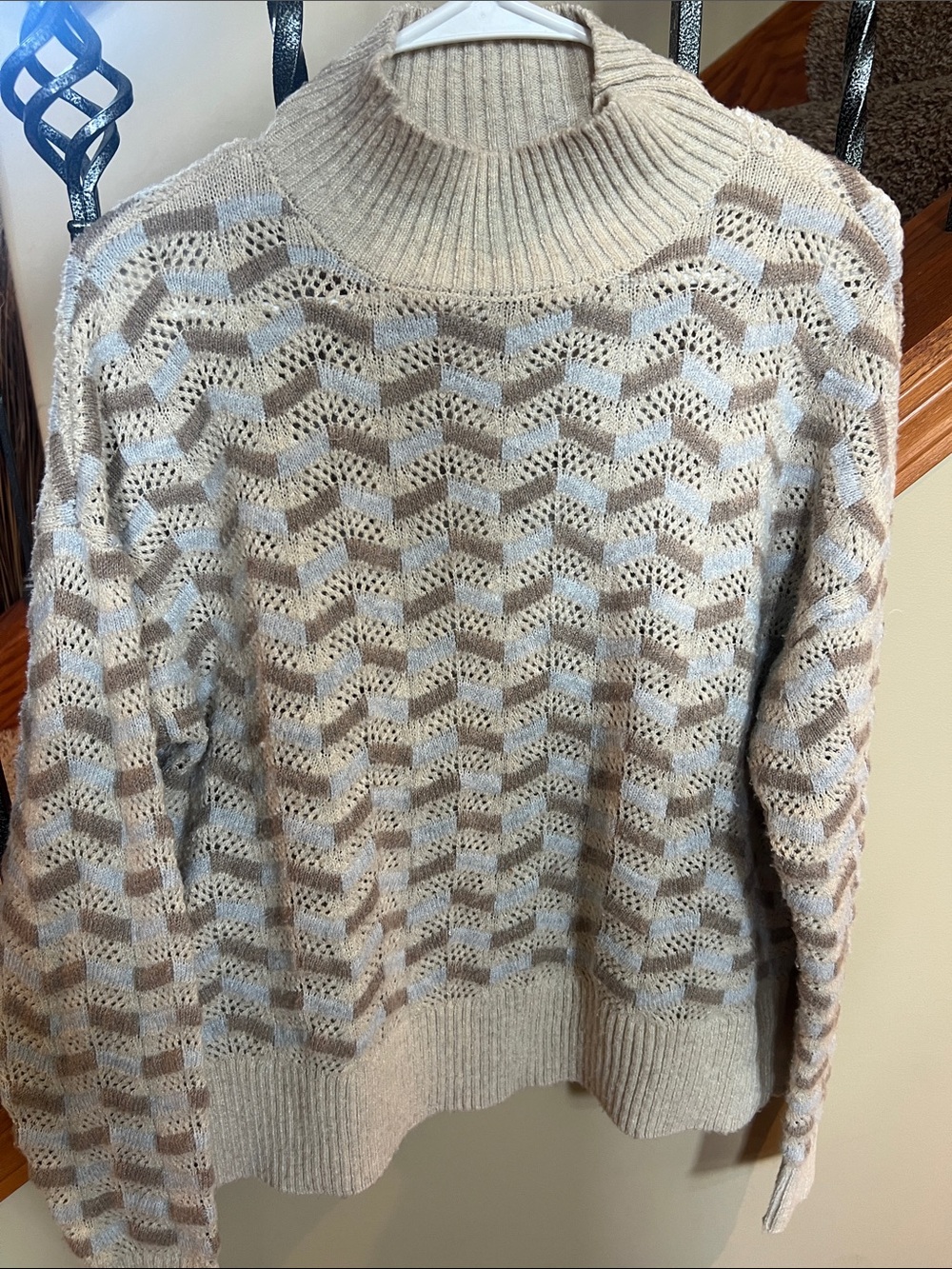 89th & Madison Chevron Open-Knit Turtleneck Sweater - Beige & Light Blue